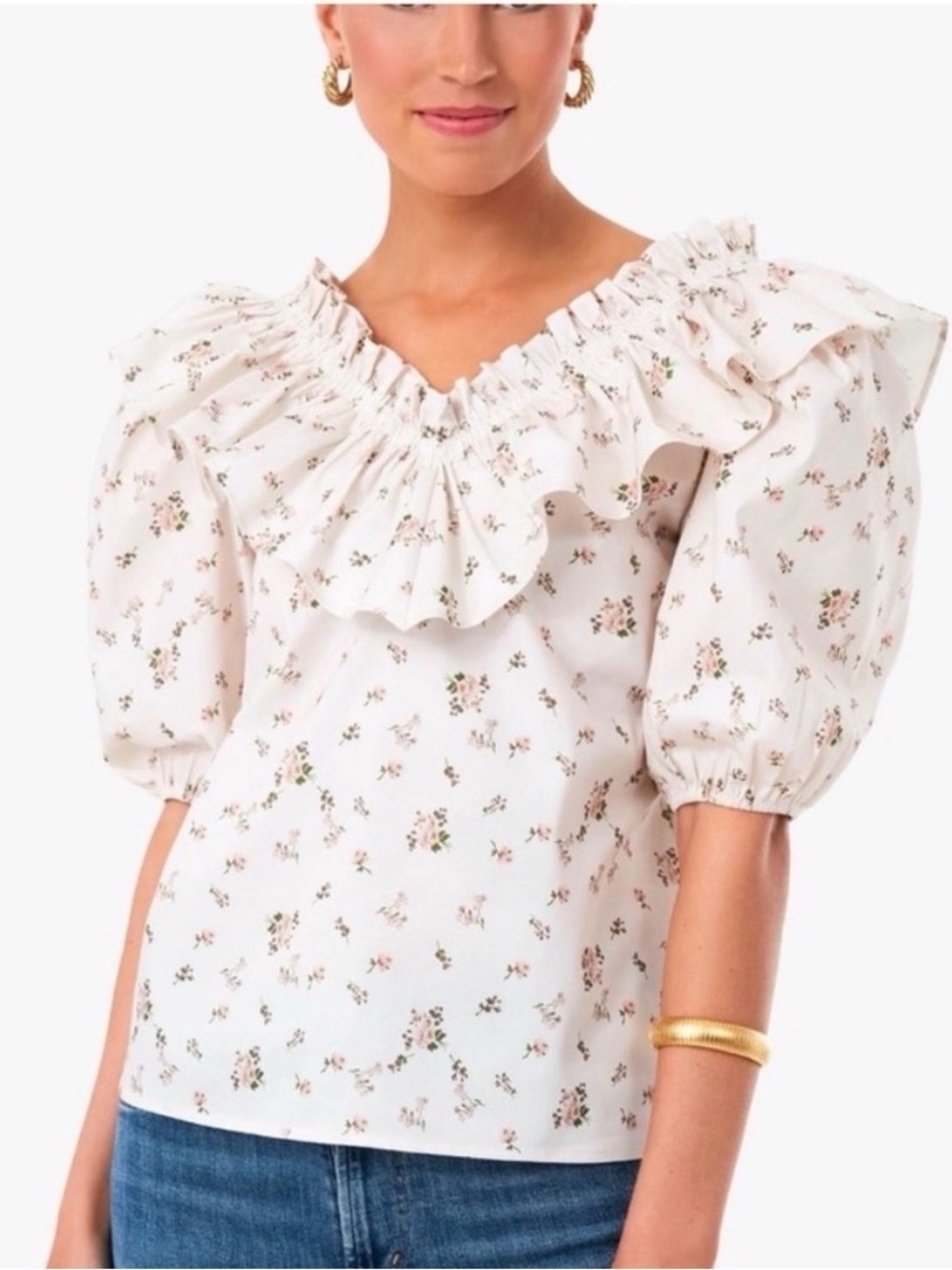 TUCKERNUCK HYACINTH HOUSE | Floral Ruffle-Trim Puff Sleeve Top - Cream